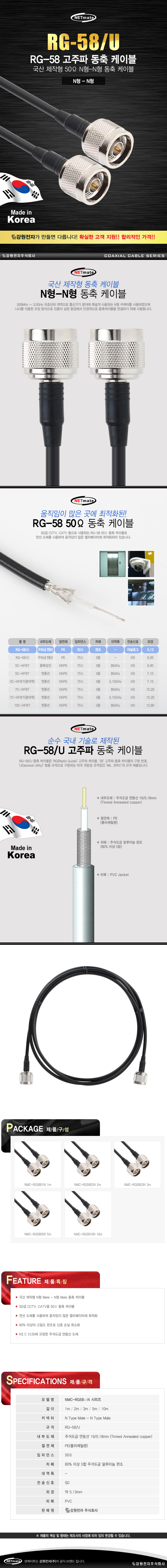 동축 케이블 2m 안테나선 동축선 안테나케이블 유선케이블 유선방송연결선